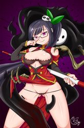 2019 5_fingers ambiguous_gender arakune biped black_body black_ears black_fur black_hair blazblue bra breasts cleavage clothed clothing digital_media_(artwork) ears eyebrows eyelashes eyes eyewear female fur giant_panda glasses group hair holding_object holding_weapon human larger_female litchi_faye_ling long_hair mammal mask monster multicolored_fur open_eyes pale_skin panties pink_eyes poethewondercat ponytail portrait purple_background purple_eyes pussy shirt simple_background size_difference skimpy smaller_ambiguous smile smirk staff standing three-quarter_portrait two_tone_fur underwear ursid video_games weapon white_fur