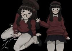 1girls ahe_gao black_hair brown_hair clothed cock cumming curemone cute_face glasses hair_ornament hairclip jerking masturbation original_character self_insert selfcest skirt thick_penis trans_woman transfem veiny_penis