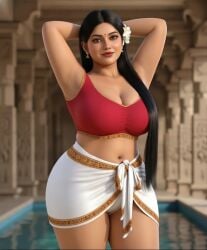 3d ai_generated architecture arm_behind_head armpits bell_earrings belly_button bindi black_hair busty cleavage earrings embroidery female flower_in_hair hair_over_one_breast indian indian_clothes indian_female indoor_pool lipstick long_hair loose_hair midriff milf miniskirt pattern_clothing rgomez007 sarong solo_female temple temple_background thick_thighs tied_clothing wide_hips