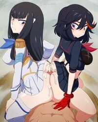 1boy 2girls ascot ass ass_to_ass big_ass big_breasts big_butt bimbo black_hair blue_eyes bottomless breasts bubble_ass bubble_butt buttjob clothes covered_buttjob cum cum_on_ass cumming dat_ass double_buttjob female ffm_threesome glove gloves human incest junketsu kill_la_kill kiryuuin_satsuki long_hair male male_pov matoi_ryuuko merunyaa penis pov red_hair senketsu shimaidon siblings sisters skirt straight teenager thick_ass thighhighs threesome two_tone_hair uncensored