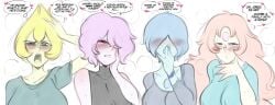 4girls alien alien_girl alien_humanoid anger_vein angry blue_hair blue_leotard blue_pearl_(steven_universe) blue_skin blush breasts cartoon_network cleavage dialogue english_text female female_only gem_(species) hair_over_eyes heart hi_res horny_female leotard long_hair pearl_(steven_universe) pink_eyes pink_hair pink_pearl_(steven_universe) saltyxodium shaking shocked shocked_expression short_hair spiky_hair spoken_heart steven_universe steven_universe_future strapless strapless_leotard sweat sweating tagme volleyball_(steven_universe) yellow_eyes yellow_hair yellow_pearl_(steven_universe)