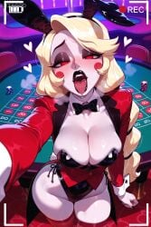 1girl ai_generated arzagod big_breasts blonde_hair blush bodysuit bunny_ears charlie_morningstar_(hazbin_hotel) hazbin_hotel large_breasts long_hair makeup perfect_legs red_eyes red_stockings stockings tagme thick_thighs tongue_out