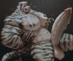 abs anthro arknights armpit_hair balls barbell_piercing beard big_balls big_muscles big_pecs big_penis blush bodily_fluids body_hair chest_hair clenched_teeth cum cum_drip cum_on_penis dripping facial_hair facial_markings felid foreskin genital_fluids genitals glans hair hand_behind_back head_markings hi_res huge_balls huge_pecs huge_penis huzzhuz hyper hyper_genitalia hyper_penis hypergryph lactating latissimus_dorsi leaking_cum long_tail looking_pleasured male male_lactation mammal markings mountain_(arknights) muscular muscular_arms muscular_legs muscular_male navel nipple_piercing nipples open_mouth pantherine pec_grab pec_squeeze pecs penis piercing pubes retracted_foreskin scrotum_flap simple_background sitting smile solo stripes studio_montagne sweat tail teeth tiger tongue tongue_out vein veiny_penis white_body