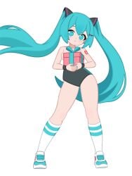 aqua_eyes aqua_hair aqua_nails breasts female hatsune_miku highres hochihochiha hochihochihavocaloid holding_object holding_present leotard looking_at_viewer shirtless simple_background sneakers socks solo twintails white_background white_socks