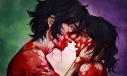 1boy 1girls 2d andrew_graves ashley_graves black_hair blood_in_mouth blood_on_face blood_stain brother_and_sister cannibalism covered_in_blood eye_contact holding_head implied_cannibalism implied_kiss implied_nudity implied_snuff incest kissing older_brother_and_younger_sister passionate saliva_string saliva_trail sinnabnnuy snuff the_coffin_of_andy_and_leyley yandere yanincest