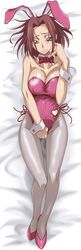 bow bowtie breasts bunny_ears bunny_girl bunnysuit code_geass detached_collar female from_above high_heels highres human human_only kallen_stadtfeld kyabakurabakufu large_breasts leotard lying on_back red_hair red_neckwear short_hair strapless strapless_leotard tagme
