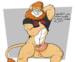 1boy 2016 abs anthro artbyyellowdog balls biceps bottomless brown_mane clothed clothing d.a.r.e. daren dialogue english_text erection felid fur hair humanoid_penis lion looking_at_viewer male male_only mammal muscular muscular_male navel pantherine penis smile solo text uncut