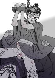 2boys bandage bite_mark cum cum_inside gay kimono male male_only monkey_d_luffy one_piece shackles tattoos trafalgar_law yaoi