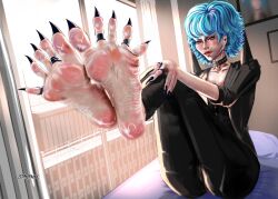 1girls 2d black_suit blue_hair blush clawed_toes clothed female foot_fetish full_color goto_ryuna_(stampnyx) long_toenails long_toes looking_at_viewer meaty_soles presenting_feet smelly_feet soles stampnyx sweat sweatdrop tagme toe_ring toe_spread
