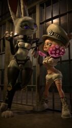 3d 3d_(artwork) absurd_res angry anthro arms_above_head blender_(artwork) bondage boots bottomwear bound breasts cephalopod clothed clothing crop_top cuff_(restraint) digital_media_(artwork) disney duo exposed_breasts eye_contact female female/female fingerless_gloves footwear genitals gloves handcuffed handcuffs handwear hat headgear headwear hi_res humanoid inkling judy_hopps lagomorph leather leather_clothing leporid looking_at_another mammal marine metal_cuffs midriff military_cap mollusk navel nintendo nipples nonexister pearl_(splatoon) police police_uniform prison prison_bars prison_cell purple_eyes rabbit restraints revealing_outfit shirt shoes shorts shortstack size_difference skimpy smug splatoon topwear under_boob uniform yellow_eyes zootopia