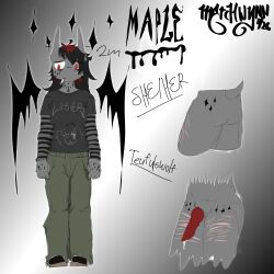 alternative_fashion animal_genitalia animal_penis anthro ass bodily_fluids canid canine canine_genitalia canine_penis canis cigarette cum cum_drip demon dripping emo facial_tattoo genital_fluids genitals gynomorph hand_tattoo hi_res highlights_(coloring) hybrid intersex mammal maple_(merchwynn) merchwynn model_sheet penis scar self-harm_scars smoking smoking_cigarette solo standing tattoo trans_(lore) trans_woman_(lore) wolf