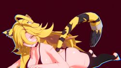 3d_model 3d_render alternate_version_available blender bra laying_on_stomach leg_stockings looking_at_viewer segsultimate tala_tora_(vtuber) tiger tiger_ears tiger_tail underwear