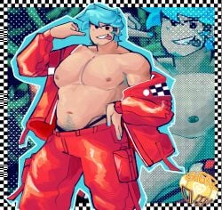 1boy bara beard beard_stubble bearded blue_beard blue_hair blue_nail blue_nail_polish blue_nails boy_only boyfriend_(fnf) boyfriend_(friday_night_funkin) checker_pattern checkerboard checkered_background chest_out chest_visible finger_out fnf fnf_bf fnf_boyfriend friday_night_funkin gay hand_on_hip happy_trail jockstrap light_blue_hair light_blue_nail_polish light_blue_nails male_only muscles muscular muscular_male navel nipple_piercing nipple_piercings nipples nipples_out nipples_outside pierced_nipples piercing piercings piercings_on_nipples pinkie_out red_clothes red_clothing red_pants red_shirt shirtless shirtless_(male) shirtless_male sky_blue_hair small_beard sugarovin tongue_out yaoi