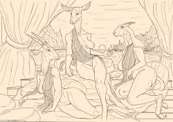 2025 antelope anthro arcr-cric areola artist_name bottomless bottomless_anthro bottomless_female bovid breasts caprine clothed clothing cloven_hooves curtains deer digital_media_(artwork) eye_contact female floppy_ears genitals goat grazing_antelope group hi_res hooves horn looking_at_another lounging mammal monochrome nipples one_breast_out oryx pillow sash short_tail signature sitting sunset tail text translucent translucent_clothing trio url vulva water window_seat