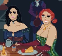 big_breasts cd_projekt_red cleavage pixel_art ryandoublevee staring staring_at_breasts the_witcher_(series) the_witcher_3:_wild_hunt triss_merigold yennefer