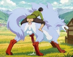 2boys ai_generated all_fours anal anal_sex animal_genitalia animal_penis anime_style anus aroused balls blue_body blue_eyes blue_fur bodily_fluids bottomwear breath brown_bottomwear brown_clothing brown_pants campfire_cooking_in_another_world_with_my_absurd_skill canid canine canine_genitalia canine_penis claws clothing cum cum_drip cum_in_ass cum_inside day detailed_background dripping duo ejaculation erection fangs fel_(fenrir) feral feral_penetrated fluffy fluffy_balls fluffy_fur fluffy_tail footwear from_behind_position fur furry_body genital_fluids genitals georgus gloves_(marking) grass grass_field grassland green_clothing green_shirt green_topwear grey_body grey_fur heart hi_res human human_on_feral human_on_male human_on_top human_penetrating human_penetrating_feral human_penetrating_male interspecies knot larger_feral larger_male leaking_cum light looking_at_another looking_pleasured lying lying_on_another male male/male male_feral male_on_human male_only male_penetrated mammal markings masculine medieval medieval_background mukoda_tsuyoshi multicolored_body multiple_boys mythological_creature mythology neck_tuft open_mouth outside panting pants pawpads paws penetration penis pink_anus plant presenting presenting_balls presenting_penis rear_view red_pawpads red_penis sex shaking sharp_teeth sheath sheath_tuft shirt shocked shrub size_difference smaller_human smaller_male smaller_on_top tail teeth throbbing_penis tongue tongue_out topwear trembling tuft two_tone_body village zoophilia