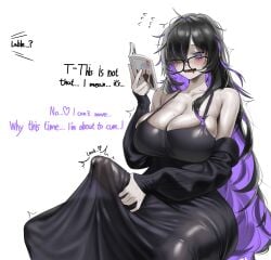 absurdres armpit_crease bags_under_eyes bare_shoulders black-framed_eyewear black_cardigan black_dress black_hair blush book breasts bulge bulge_through_clothing cardigan caught cleavage collarbone colored_inner_hair commentary_request covered_penis dress drooling english_commentary english_text erection erection_under_clothes feet_out_of_frame female flying_sweatdrops futanari futanari_masturbation glasses goddess_of_victory:_nikke hair_over_one_eye hand_up heart highres holding holding_book huge_cock invisible_chair korean_commentary label_(nikke) large_breasts long_dress long_hair long_sleeves looking_at_viewer looking_over_eyewear masturbation masturbation_through_clothes messy_hair mixed-language_commentary mole mole_on_breast motion_lines mouth_drool multicolored_hair norunollu off_shoulder open_book open_cardigan open_clothes paid_reward_available pale_skin penis pornography precum precum_through_clothes purple_eyes purple_hair saliva simple_background single_sidelock sitting skindentation sleeves_past_wrists solo spaghetti_strap spread_legs strap_gap sweat twitching two-tone_hair very_long_hair wavy_mouth white_background