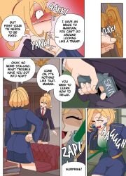 1girls blonde_female blonde_hair comic disguise ellie_skinsuit english_text female impersonation imposter impunderneath long_hair medium_hair mother_and_daughter original original_character page_16 possessed possession skinsuit skinsuit_gun skinsuit_laser story