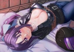 1girls absurd_res absurdres angry angry_expression angry_face arms_behind_back barefoot bed big_breasts biker_clothes biker_girl biker_helmet biker_jacket black_jacket blue_pants blush bondage bound bound_arms breasts cleavage clenched_teeth clothed embarrassed embarrassed_female exposed_cleavage female female_focus female_only femsub forced forced_exposure glaring hair_ornament hair_ribbon helmet hi_res high_resolution highres ikeko_kei imminent_rape indoors jacket jeans kazuno_sarah kidnapped large_breasts leather_jacket light-skinned_female long_hair looking_at_viewer love_live! love_live!_sunshine!! nipple_bulge nipples nipples_visible_through_clothing no_bra on_bed pants pink_eyes ponytail purple_hair restrained restrained_arms ribbon rope rope_bondage solo solo_focus terakuppa3451 tied_hair unzipped unzipped_jacket worried worried_expression