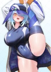 blue_hair blue_one-piece_swimsuit blush breasts cameltoe competition_swimsuit covered_navel curvy female highleg highleg_one-piece_swimsuit highres huge_breasts leg_lift leg_up long_hair looking_at_viewer n4gare_b0shi one-piece_swimsuit one_eye_closed open_mouth orange_eyes original ruika_(n4gare_b0shi) school_swimsuit smile solo split standing standing_on_one_leg standing_split swimsuit swimsuit_under_clothes thighhighs