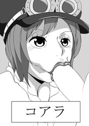 1boy 1girls :>= alternate_version_available big_breasts black_and_white blush censored duo erection eyelashes faceless_male fellatio female female_focus front_view goggles hat human japanese_text koala_(one_piece) male one_piece oral oral_sex pointless_censoring pose posing shiny shiny_skin short_hair simple_background solo_focus teamtgs text translated vein veins veiny veiny_penis