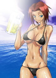 alcohol beer bikini breasts code_geass drink female highres human human_only kallen_stadtfeld kyabakurabakufu large_breasts red_hair short_hair smile solo swimsuit tagme