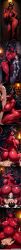 1boy 1girl abs back black breasts chains completely cum cumdrip demon dungeon ears excessive eyes face facial female fire girl glowing hair hetero hips horns huge indoors large long lying muscular nude on overflow paizuri pointy pov red skin stone straddling succubus sweat tail thick thighs titfuck torch wall wide yellow