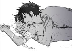2boys bite_mark black_and_white fingers_in_mouth gay male male_only monkey_d_luffy one_piece tattoos trafalgar_law yaoi