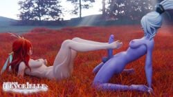 3d 3d_model 3d_render breasts devorielle dota dota_2 drow_ranger feet foot_fetish footjob futa_on_female futanari genitals red_hair toes white_hair windranger yuri