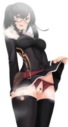 absurdres au_ra bangs belt black-framed_eyewear black_dress black_hair black_legwear blush bow bow_panties breasts breath clothed_masturbation clothing collarbone controller crotchless_panties dress dress_lift eyebrows_visible_through_hair female final_fantasy final_fantasy_xiv fur-trimmed_dress fur_trim glasses hair_ornament hand_up happy highres legs_together long_sleeves masturbation medium_breasts oerba_yun_fang open_mouth original panties ponytail pouch pubic_hair pussy red_eyes red_panties remote_control remote_control_vibrator shiny shiny_hair short_dress sidelocks simple_background smile solo sonzai_soumei standing steam stockings thighhighs tied_hair uncensored underwear vibrator vibrator_cord vibrator_in_thighhighs white_background
