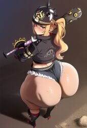 1girls ai_generated ass ass_focus baseball_bat blonde_hair booty_shorts bottom_heavy brass_knuckles bubble_butt daisy_dukes dumptruck_ass female female_only globogloboai heel_boots helmet large_ass long_hair looking_at_viewer looking_back luciana_de_montefio pale-skinned_female pale_skin red_eyes short_shorts side_ponytail spankable_ass zenless_zone_zero