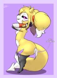 anthro areola ass bandage bandai_namco bell big_butt breasts canid canine clothing demon digimon digimon_(species) evil_container female fox furball gloves handwear hi_res horn huge_butt hybrid imp impmon legwear mammal markings meme nipples renamon renimpmon shortstack stockings