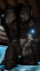 3d 3d_(artwork) alien balls bed hands_behind_head krogan male male_only mass_effect multi_balls multi_genitalia muscular muscular_male penis pillow pinup pose rooking solo uncut video_games