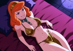 1girls ai_assisted ai_generated bed belly belly_button chain_leash chains chest choker daphne_blake eyebrows eyelashes headband hi_res hourglass_figure lingerie loincloth lokie999 long_hair looking_at_viewer on on_bed open_mouth orange_hair pelvic_curtain pillow purple_eyes scooby-doo smile smiling smirk smirking smirking_at_viewer tile_floor tiles