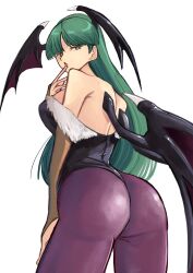 1girls ass ass_focus capcom darkstalkers exposed_back female female_focus female_only green_hair looking_back_at_viewer low-angle_view morrigan_aensland purple_legwear rear_view scottish scottish_female scottish_woman solo solo_female solo_focus succubus tikuwabu_33 wings wings_on_head