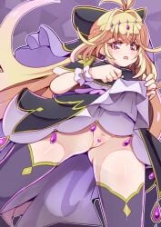 1girls :o antenna_hair black_bow black_capelet black_dress black_thighhighs blonde_hair blush bow braid capelet censored clothes_lift commentary_request cowboy_shot cure_arcana_shadow diamond_hairband dot_nose dress dress_lift earrings female from_below gem gradient_hair hair_intakes hairbow heart heart_censor highres jewelry koizumi_hitsuji layered_dress legs_apart lifting_own_clothes light-skinned_female long_hair looking_at_viewer magical_girl meitantei_precure! moria_luluka moria_ruruka multicolored_hair no_panties open_mouth pink_hair precure pretty_cure purple_background purple_eyes purple_gem purple_theme purple_veil pussy shiny_skin simple_background solo standing star_detective_precure! thighhighs toei_animation veil