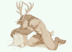 antlers balls cervid cervine damian_(piercingnightfall) elk erection fur hair hooves horn kneeling male male_only mammal muscular muscular_male nude oouna penis precum solo tree_stump uncut