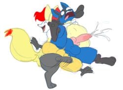 2boys anal anal_vore animal_genitalia animal_penis anthro anthrofied ballbusting big_testicles blush bodily_fluids braixen bulge canine canine_penis cbt chubby combusken cum domination female female_domination fox furry gay genital_fluids hi_res implied_sex knot larger_male lucario male mammal nintendo penis pokemon pokemon_(species) pokemon_xy size_difference sketch smaller_male smushpretzel testicles thick_thighs threesome video_games vore wide_hips