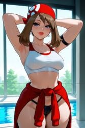 ai_generated armband armpits arms_behind_head bandana bangs beige_hair blue_eyes cameltoe cowboy_shot crop_top female greenery hair_over_one_eye haruka_(pokemon) may_(pokemon) medium_breasts midriff pearl_earrings pokemon poolside rgomez007 side_bangs solo_female sports_bra sporty stable_diffusion sweater_around_waist swimming_pool thick_lips thong wide_hips