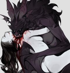 1boy arched_back arm_around_back bansheeiso bat_boy bat_wings black_hair black_sclera blood blood_from_mouth body_horror colored_sclera completely_nude eating empty_eyes fangs female guro hand_on_another's_back head_wings highres hug long_hair looking_at_viewer monster_boy nude original pectorals white_eyes wings