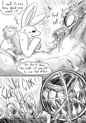 absurd_res angry anthro balls beastars bodily_fluids bondage breath canid canine canis chains comic condom cuff_(restraint) dragonweirdo drooling duo english_text female genitals gunshot_wound haru_(beastars) hi_res lagomorph legoshi_(beastars) leporid male male/female mammal monochrome muzzle_(object) muzzled orgasm_denial panting panting_in_face penis penis_under_arm rabbit restraints saliva scar sexual_barrier_device snarling struggling sweat text wolf