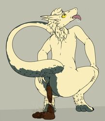 3_toes anthro anus ass biped claws crouching eproc-the-philius eyebrows feces fur hair humanoid_hands nude raised_tail rear_view saliva saliva_string scat scat sergal simple_background solo stink_lines toe_claws toes tongue tongue_out