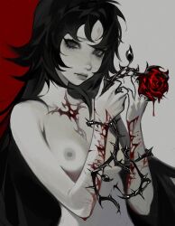 aegyo_sal bansheeiso black_eyes black_hair blood blood_drip brambles breasts chest_tattoo commentary cowboy_shot english_commentary expressionless female flower holding holding_flower long_hair looking_at_viewer nipples nude oerba_yun_fang original rose scar scar_on_arm sidelocks solo tattoo wolf_cut wrist_cutting