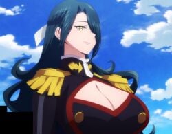 1girls azuma_fubuki blue_hair breasts chained_soldier cleavage clothing large_breasts mato_seihei_no_slave milf screencap stitched yellow_eyes