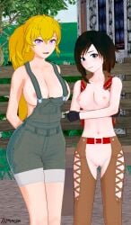 2girls 3d arms_behind_back arrancon big_breasts black_hair black_hair_female blonde_female blonde_hair breasts busty cleavage crossed_arms different_breast_sizes farmgirl female female_only half-dressed half_naked half_naked_female half_siblings hi_res large_breasts legs long_hair long_hair_female looking_at_viewer naked_overalls navel nipples pose posing purple_eyes pussy ruby_rose rwby silver_eyes smile solo thighs voluptuous yang_xiao_long