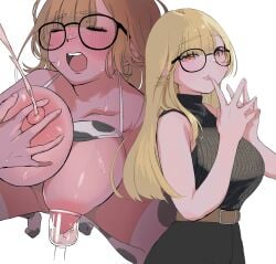1girls animal_print bangs black_glasses black_turtleneck blonde_hair blunt_bangs blush breasts closed_eyes closed_mouth cow_print cow_print_bikini cow_print_thighhighs eyes_open female glasses gyaru huge_breasts lactating lactation large_breasts long_hair looking_at_viewer milking_machine nipples open_eyes open_mouth original original_character owariritumi print_bikini simple_background sleeveless sleeveless_turtleneck spread_legs thighhighs tongue_out turtleneck white_background