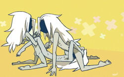 3boys anal anal_sex cum faceless gay handjob human long_hair male male_only mask mizuno_(artist) nintendo nipples oral penis pokemon pokemon_bw ribs rimjob sex shadow_triad skinny source_request text threesome watermark white_hair yaoi yellow_background