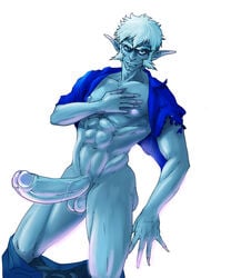 1boy abs blue_skin erection foreskin inmomakuro looking_at_viewer male_only muscles nipples original_character penis standing testicles uncensored uncut