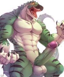 abs adam0800 anthro balls claws dinosaur erection hi_res humanoid_penis male male_only muscular muscular_male nude open_mouth penis precum rabbity reptile scalie simple_background solo teeth theropod typhek tyrannosaurid tyrannosaurus tyrannosaurus_rex vein white_background