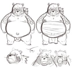 2019 anthro balls belly canid canine closed_eyes clothing fundoshi gyobu japanese_clothing leaf male male_only mammal moobs nipples overweight overweight_male penis raccoon_dog riversausage scar simple_background solo tanuki tattoo teeth tokyo_afterschool_summoners underwear video_games white_background